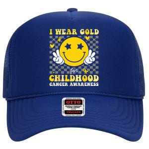 Retro I Wear Gold For Childhood Cancer Awareness High Crown Mesh Back Trucker Hat