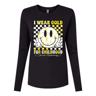 Retro I Wear Gold For Childhood Cancer Awareness Gold Ribbon Womens Cotton Relaxed Long Sleeve T-Shirt