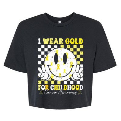 Retro I Wear Gold For Childhood Cancer Awareness Gold Ribbon Bella+Canvas Jersey Crop Tee