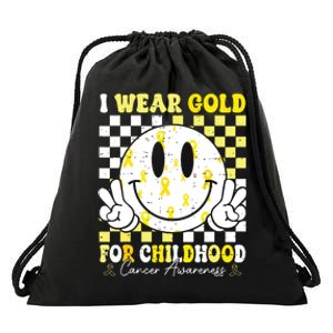 Retro I Wear Gold For Childhood Cancer Awareness Gold Ribbon Drawstring Bag