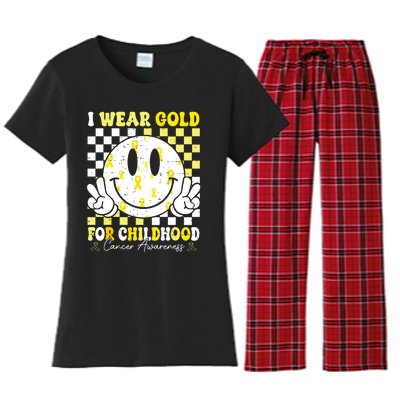 Retro I Wear Gold For Childhood Cancer Awareness Gold Ribbon Women's Flannel Pajama Set