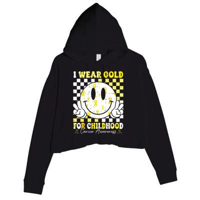 Retro I Wear Gold For Childhood Cancer Awareness Gold Ribbon Crop Fleece Hoodie