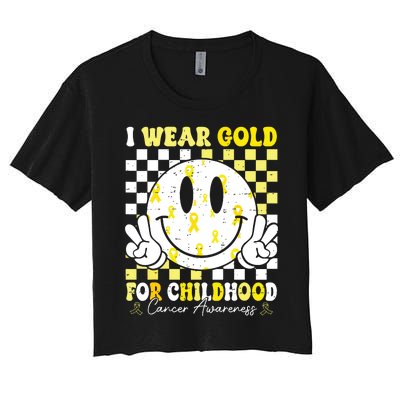 Retro I Wear Gold For Childhood Cancer Awareness Gold Ribbon Women's Crop Top Tee