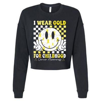 Retro I Wear Gold For Childhood Cancer Awareness Gold Ribbon Cropped Pullover Crew