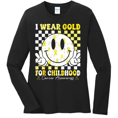 Retro I Wear Gold For Childhood Cancer Awareness Gold Ribbon Ladies Long Sleeve Shirt