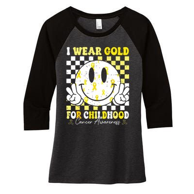 Retro I Wear Gold For Childhood Cancer Awareness Gold Ribbon Women's Tri-Blend 3/4-Sleeve Raglan Shirt