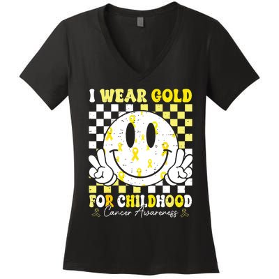 Retro I Wear Gold For Childhood Cancer Awareness Gold Ribbon Women's V-Neck T-Shirt