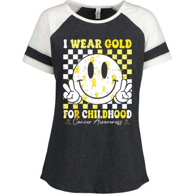 Retro I Wear Gold For Childhood Cancer Awareness Gold Ribbon Enza Ladies Jersey Colorblock Tee