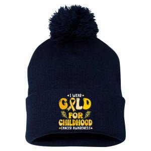 Retro I Wear Gold For Childhood Cancer Awareness Pom Pom 12in Knit Beanie