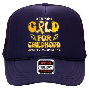 Retro I Wear Gold For Childhood Cancer Awareness High Crown Mesh Back Trucker Hat