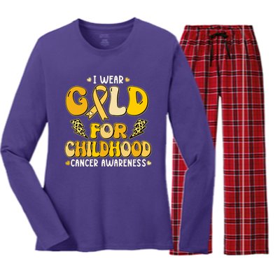 Retro I Wear Gold For Childhood Cancer Awareness Women's Long Sleeve Flannel Pajama Set 