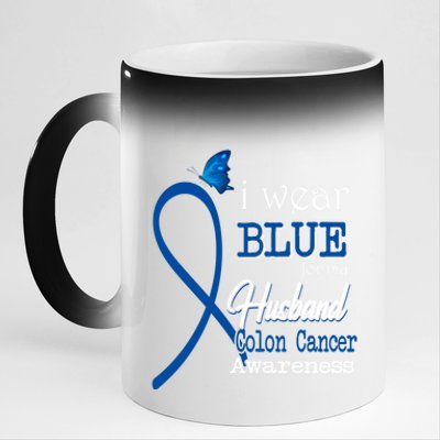 Ribbon I Wear Blue For Husband Colon Cancer Awareness Gift 11oz Black Color Changing Mug