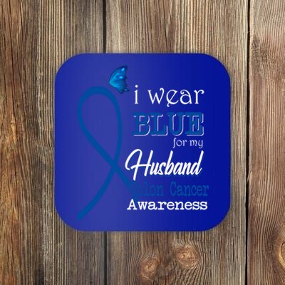 Ribbon I Wear Blue For Husband Colon Cancer Awareness Gift Coaster