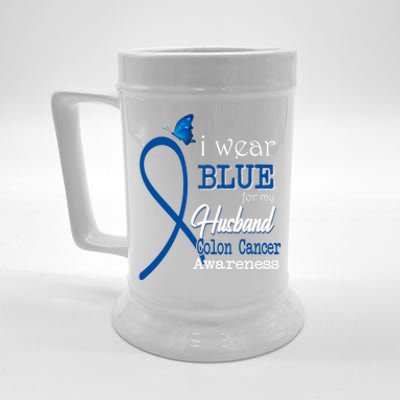 Ribbon I Wear Blue For Husband Colon Cancer Awareness Gift Beer Stein