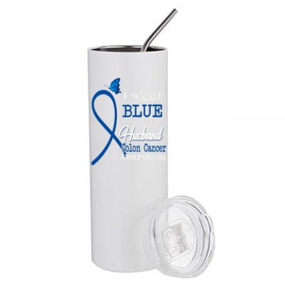 Ribbon I Wear Blue For Husband Colon Cancer Awareness Gift Stainless Steel Tumbler