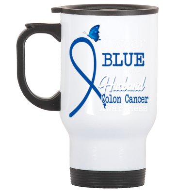 Ribbon I Wear Blue For Husband Colon Cancer Awareness Gift Stainless Steel Travel Mug