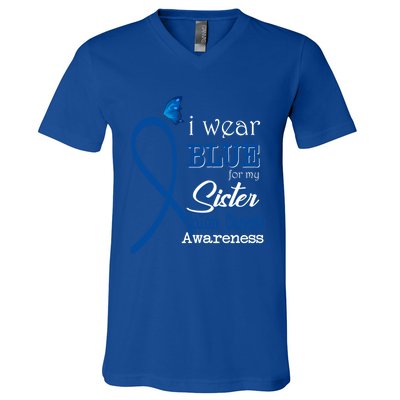 Ribbon I Wear Blue For Sister Colon Cancer Awareness Gift V-Neck T-Shirt