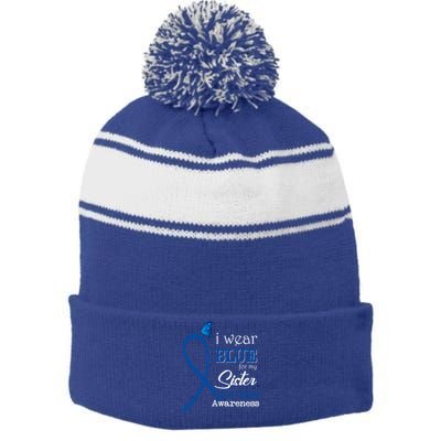 Ribbon I Wear Blue For Sister Colon Cancer Awareness Gift Stripe Pom Pom Beanie