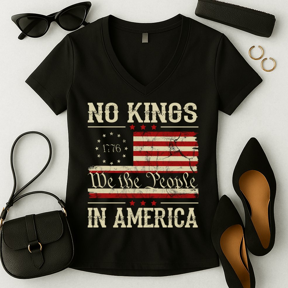 Retro June 14th No Kings In America 1776 USA Flag Women's V-Neck T-Shirt