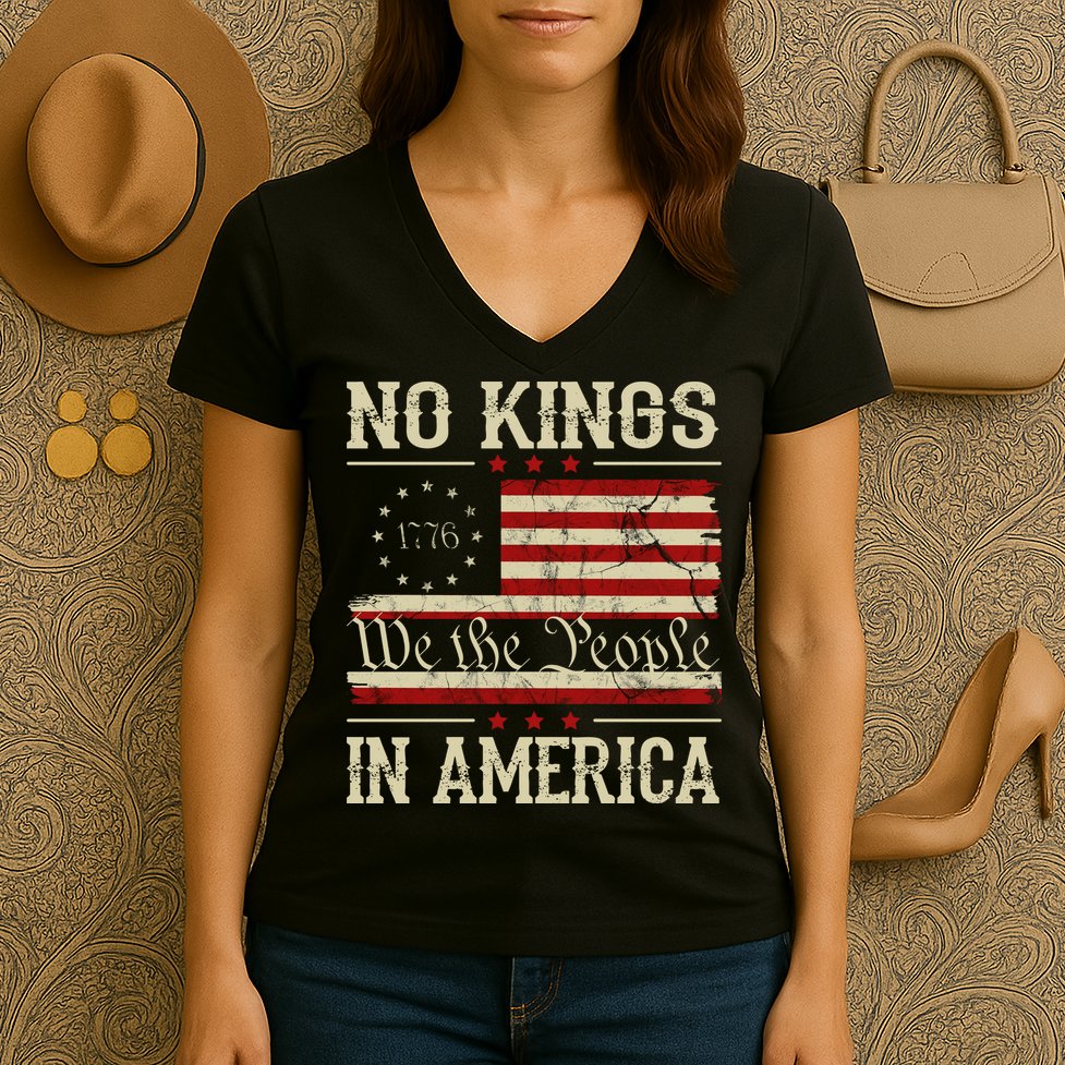 Retro June 14th No Kings In America 1776 USA Flag Women's V-Neck T-Shirt