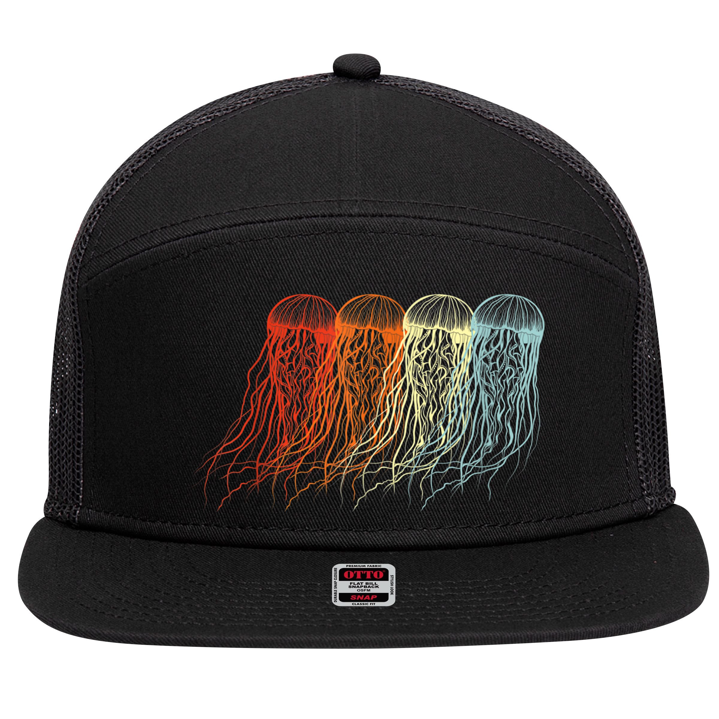 Retro Jellyfish 70s Ocean Sea Beach Animals Jelly 7 Panel Mesh Trucker Snapback Hat