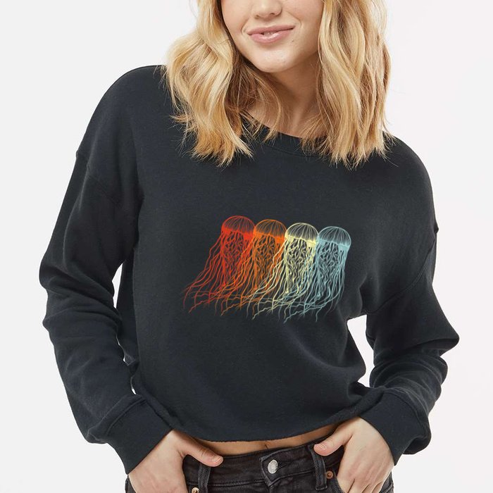 Retro Jellyfish 70s Ocean Sea Beach Animals Jelly Cropped Pullover Crew