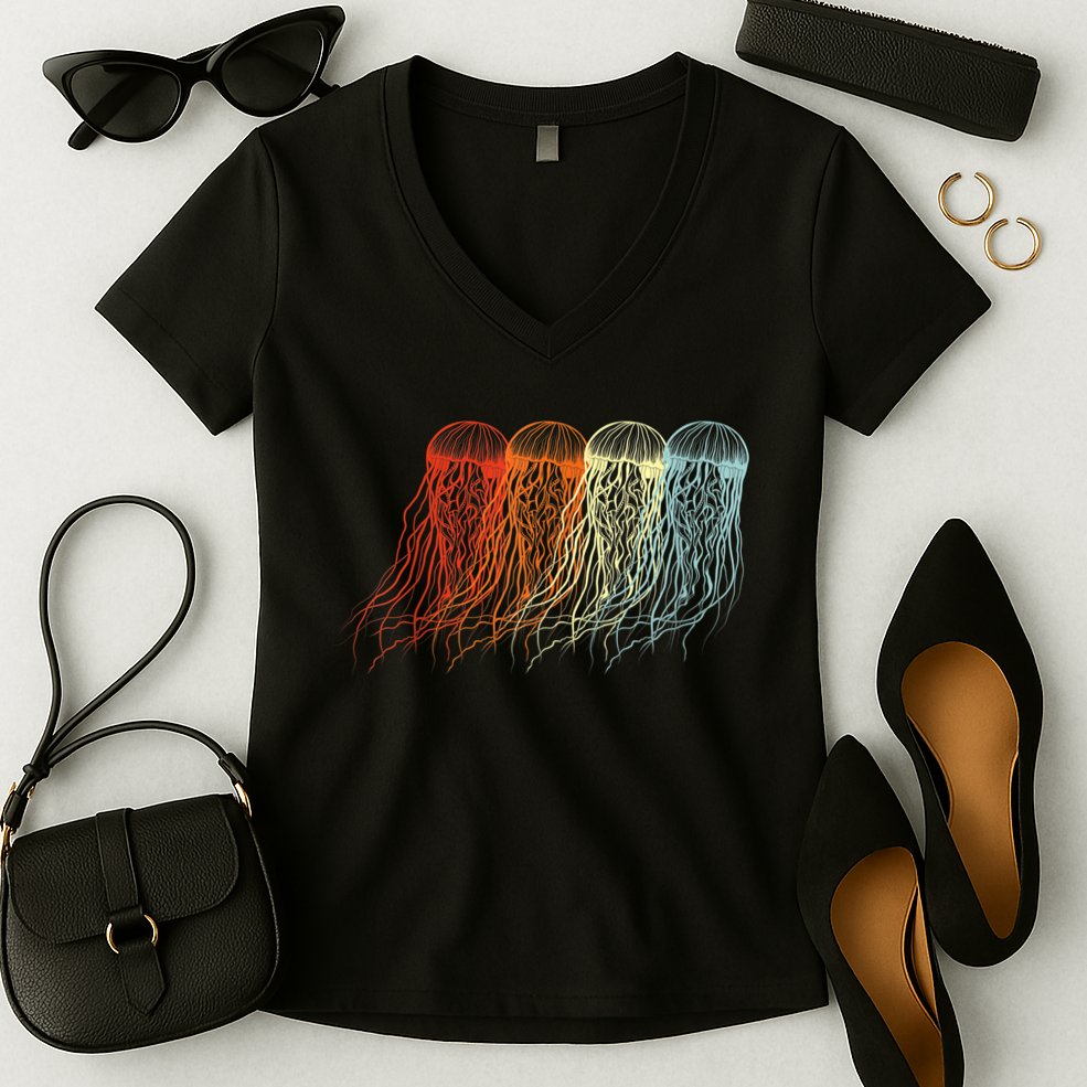 Retro Jellyfish 70s Ocean Sea Beach Animals Jelly Women's V-Neck T-Shirt