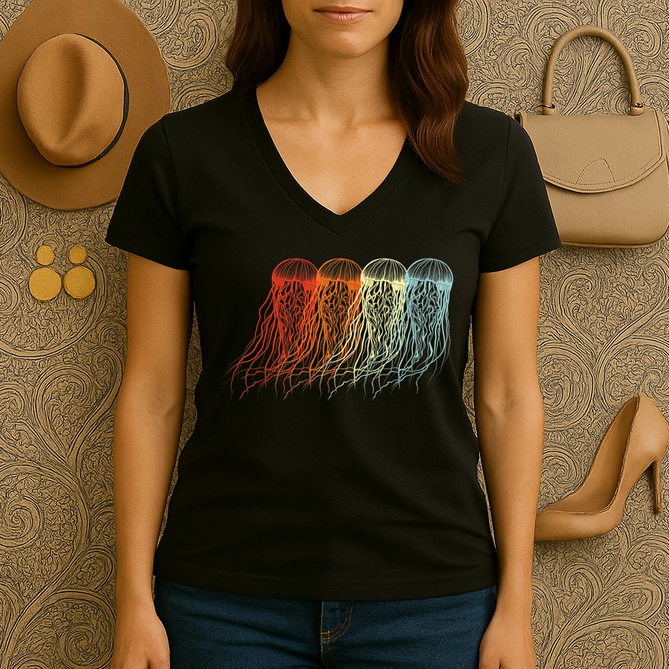 Retro Jellyfish 70s Ocean Sea Beach Animals Jelly Women's V-Neck T-Shirt