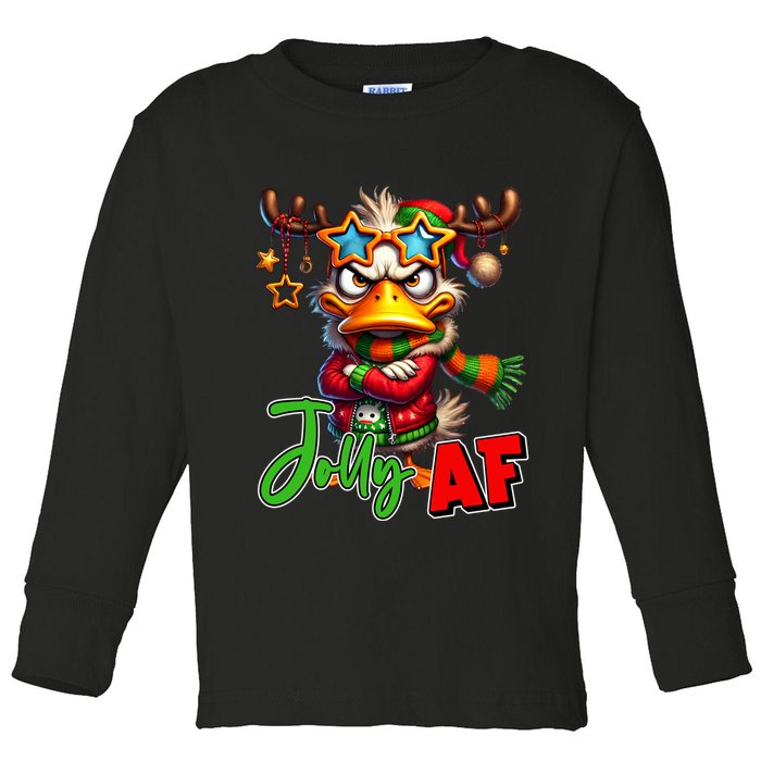 Reindeer Jolly Af Funny Sarcastic Grumpy Duck Christmas Toddler Long Sleeve Shirt