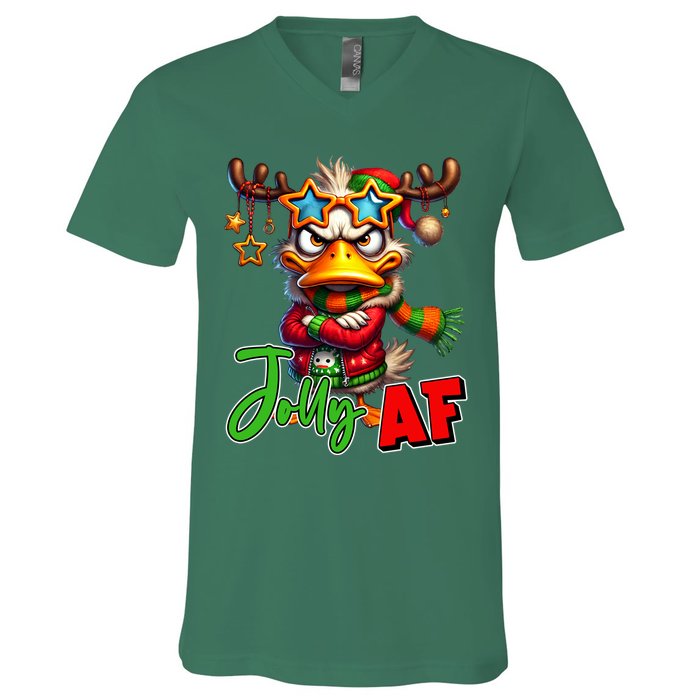 Reindeer Jolly Af Funny Sarcastic Grumpy Duck Christmas V-Neck T-Shirt