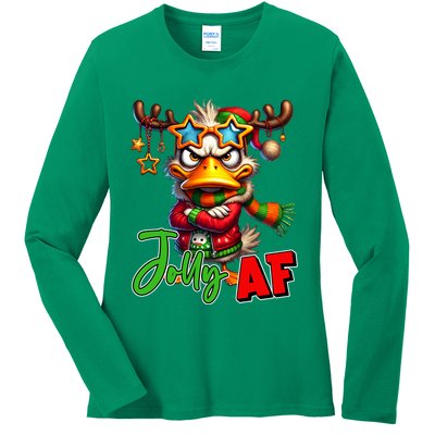 Reindeer Jolly Af Funny Sarcastic Grumpy Duck Christmas Ladies Long Sleeve Shirt