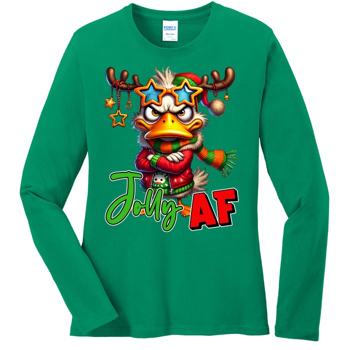 Reindeer Jolly Af Funny Sarcastic Grumpy Duck Christmas Ladies Long Sleeve Shirt