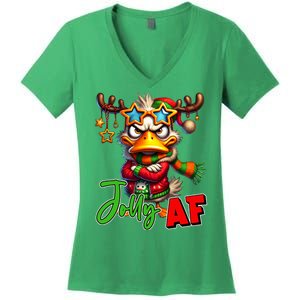 Reindeer Jolly Af Funny Sarcastic Grumpy Duck Christmas Women's V-Neck T-Shirt