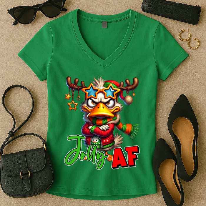 Reindeer Jolly Af Funny Sarcastic Grumpy Duck Christmas Women's V-Neck T-Shirt