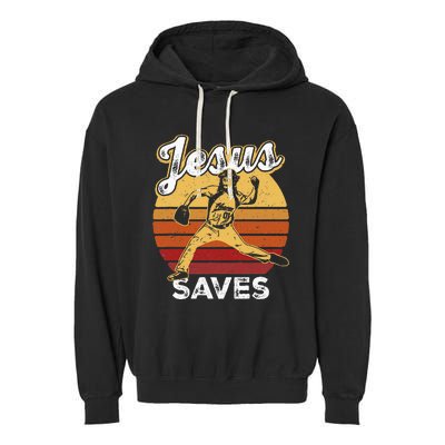 Retro Jesus A Saves Baseball Pitcher Fan Christian Garment-Dyed Fleece Hoodie