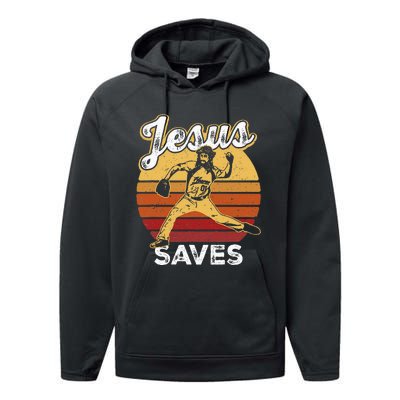 Retro Jesus A Saves Baseball Pitcher Fan Christian Performance Fleece Hoodie