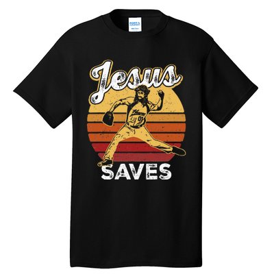 Retro Jesus A Saves Baseball Pitcher Fan Christian Tall T-Shirt