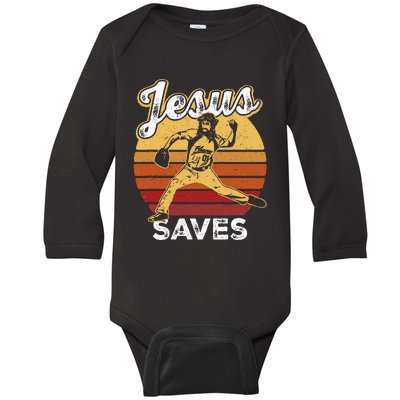 Retro Jesus A Saves Baseball Pitcher Fan Christian Baby Long Sleeve Bodysuit