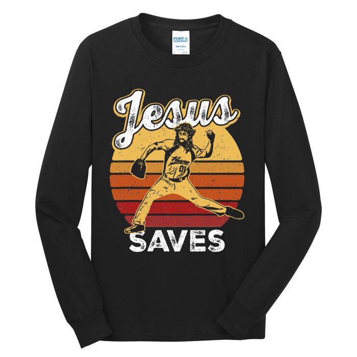 Retro Jesus A Saves Baseball Pitcher Fan Christian Tall Long Sleeve T-Shirt