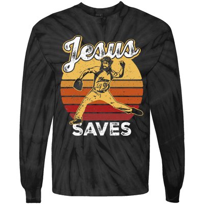 Retro Jesus A Saves Baseball Pitcher Fan Christian Tie-Dye Long Sleeve Shirt