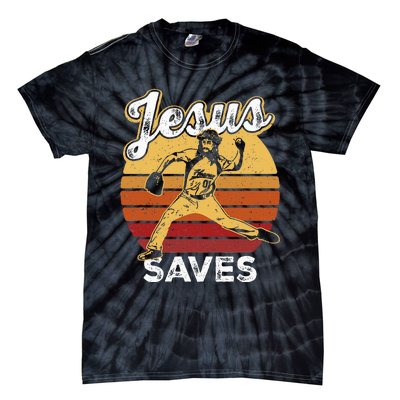 Retro Jesus A Saves Baseball Pitcher Fan Christian Tie-Dye T-Shirt