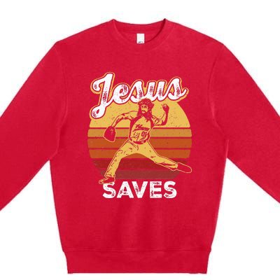 Retro Jesus A Saves Baseball Pitcher Fan Christian Premium Crewneck Sweatshirt