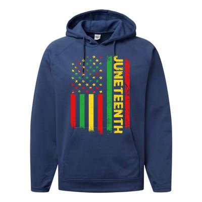 Retro Juneteenth American Flag June 19 1865 African American Meaningful Gift Performance Fleece Hoodie