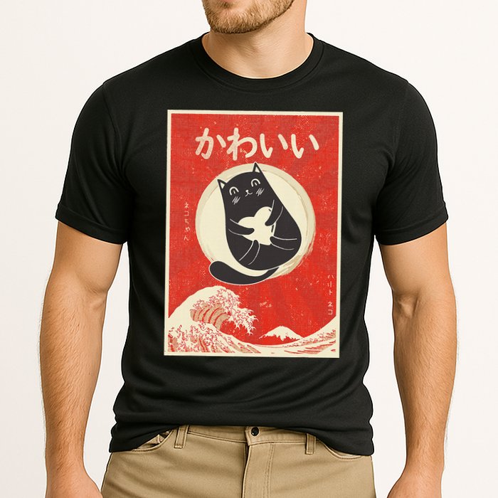 Retro Japanese Anime Cat Kawaii Japanese Word Cooling Performance Crew T-Shirt