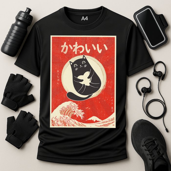 Retro Japanese Anime Cat Kawaii Japanese Word Cooling Performance Crew T-Shirt