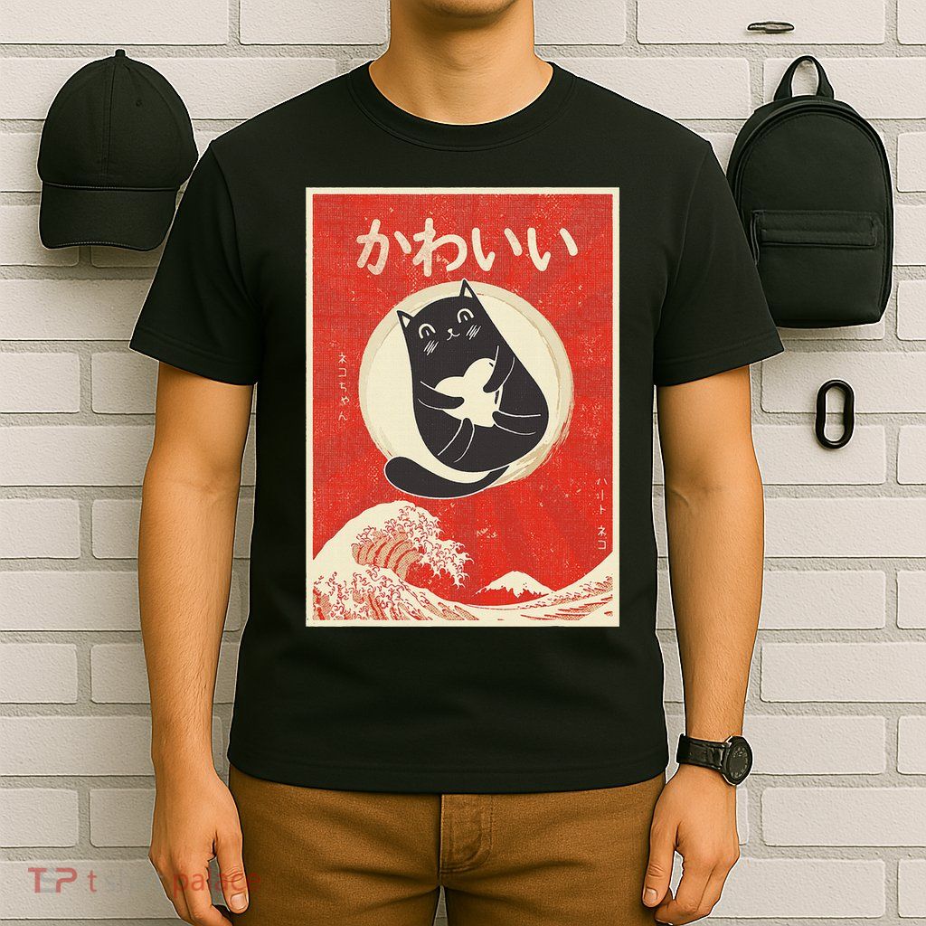 Retro Japanese Anime Cat Kawaii Japanese Word T-Shirt