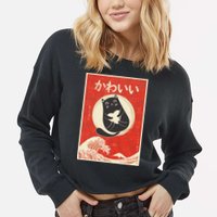 Retro Japanese Anime Cat Kawaii Japanese Word Cropped Pullover Crew