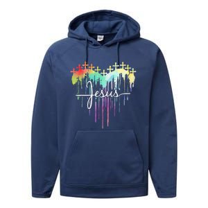 Retro Jesus Cross Funny Heart Christian 4th Of July Performance Fleece Hoodie