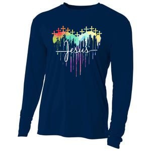 Retro Jesus Cross Funny Heart Christian 4th Of July Cooling Performance Long Sleeve Crew