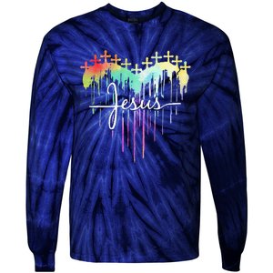 Retro Jesus Cross Funny Heart Christian 4th Of July Tie-Dye Long Sleeve Shirt